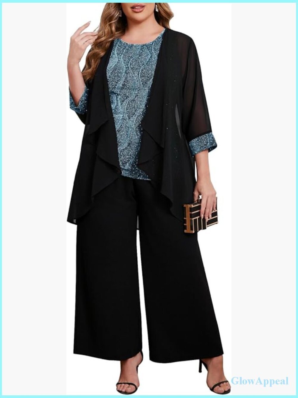 Plus Size 3 Piece Formal Pantsuit Sparkly Chiffon Jacket Set Dressy Mother